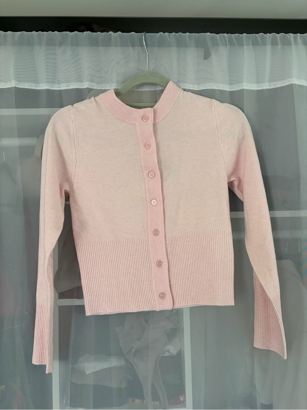 Women's Light Pink Button-Front Ribbed Hem Cardigan